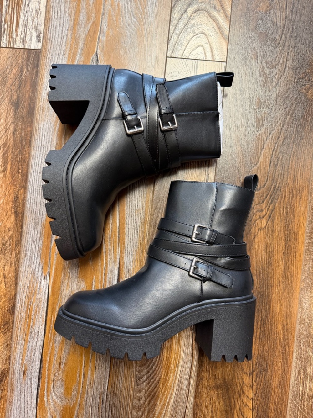Madden Girl Black Chunky Lug Heel Buckle Ankle Boots